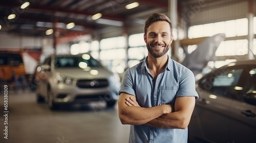 Attractive man happy with Mechanic good car maintenance service insurance claim, car rental generative ai