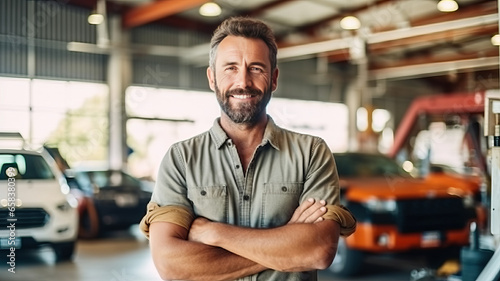 Attractive man happy with Mechanic good car maintenance service insurance claim, car rental generative ai
