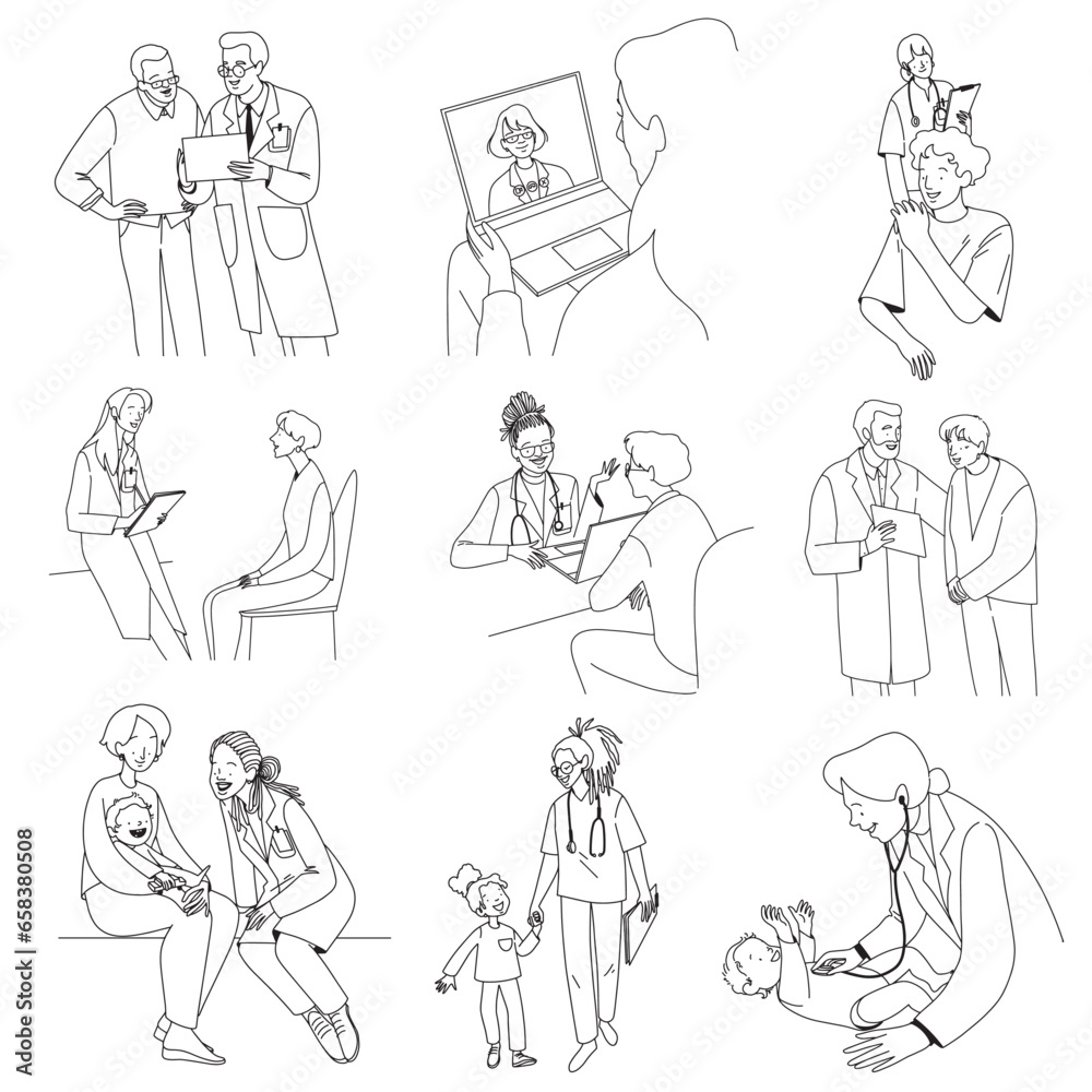 Doctors with patients big collection, flat line vector minimalistic set illustration. Vector illustration Doctors with patients big collection, flat line vector minimalistic set illustration. Vector illustration