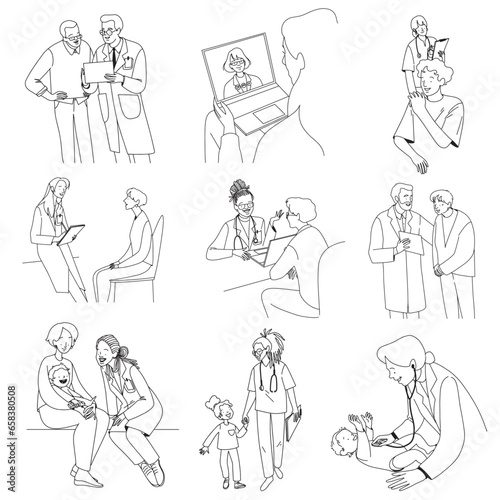 Doctors with patients big collection, flat line vector minimalistic set illustration. Vector illustration