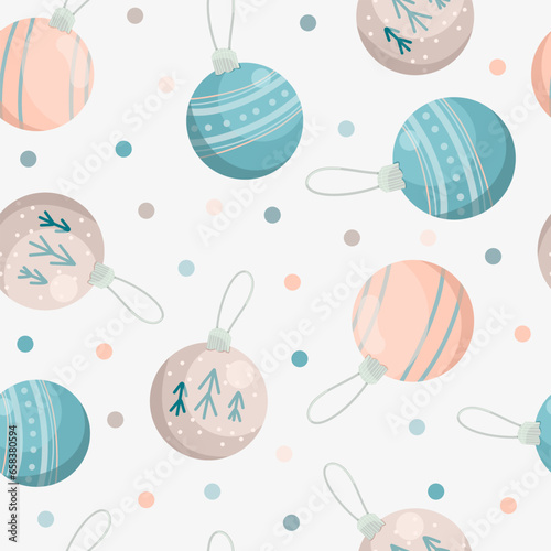 Seamless pattern of vector winter Christmas decorations in flat style, winter pattern for wrapping paper, hand drawn vector illustration
