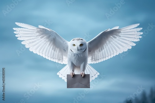 White Owl Delivers Magical School Letter. Сoncept White Owl's Mystery photo