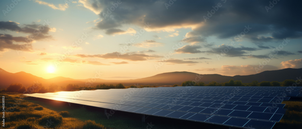 Beautiful field of photovoltaic big solar panels in countryside with in sunset.generative ai