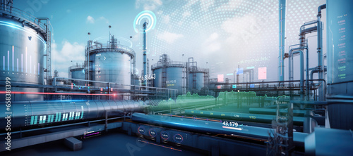 oil and gas power plant refinery with storage tanks facility for oil production or petrochemical factory infrastructure and demand price chart concepts as wide banner hologram hud datum data photo