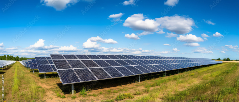 Beautiful field of photovoltaic solar panels in countryside with blue sky.generative ai Beautiful field of photovoltaic solar panels in countryside with blue sky.generative ai
