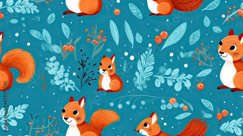  a blue background with a pattern of foxes and berries on it. generative ai