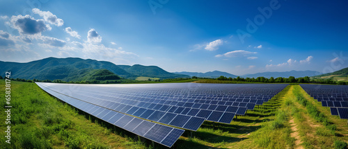 Beautiful field of photovoltaic big solar panels in countrysidegenerative ai photo