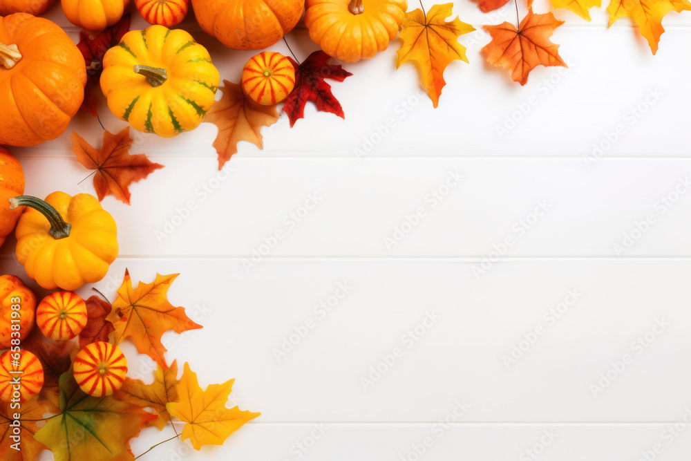 Autumn Festive Decor on White Wooden Background Autumn Festive Decor on White Wooden Background