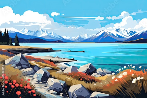 big turquoise lake in summer nature with mountains in background illustration
