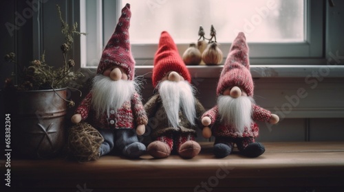 Christmas gnomes on the windowsill. Toned image. Selective focus. Generative AI. © Aga Bak
