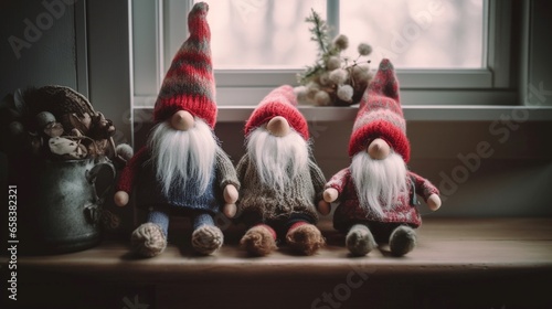 Christmas gnomes on the windowsill. Toned image. Selective focus. Generative AI.