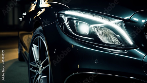 close up,Headlight by night. Front Car detail. The front lights of the luxury car. Car's light.generative ai © LomaPari2021