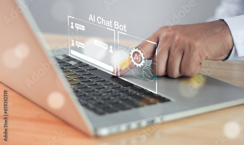 Businessman use software technology AI for business, smart robot automation system, chat bot intelligence assistance data analysis, AI chat and command prompt for generate something. AI secretary.