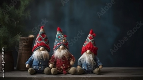 Handmade gnome with red cap on dark background. Christmas concept. Generative AI. © Aga Bak