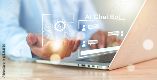 Businessman use software technology AI for business, smart robot automation system, chat bot intelligence assistance data analysis, AI chat and command prompt for generate something. AI secretary.