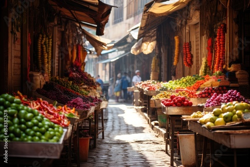 A lively street market with colorful stalls selling fresh produce and local traditions in the old town.