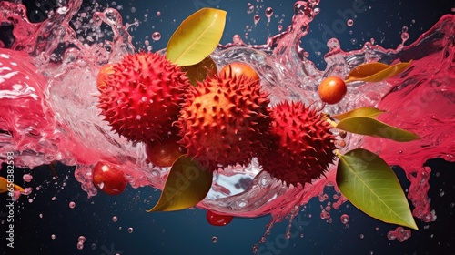 photo of lychee on a colored background with water