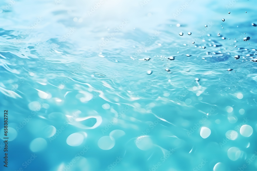 Luftblasen unterwasser mit Wellen und Wasserbewegung im Gegenlicht - obrazy, fototapety, plakaty 