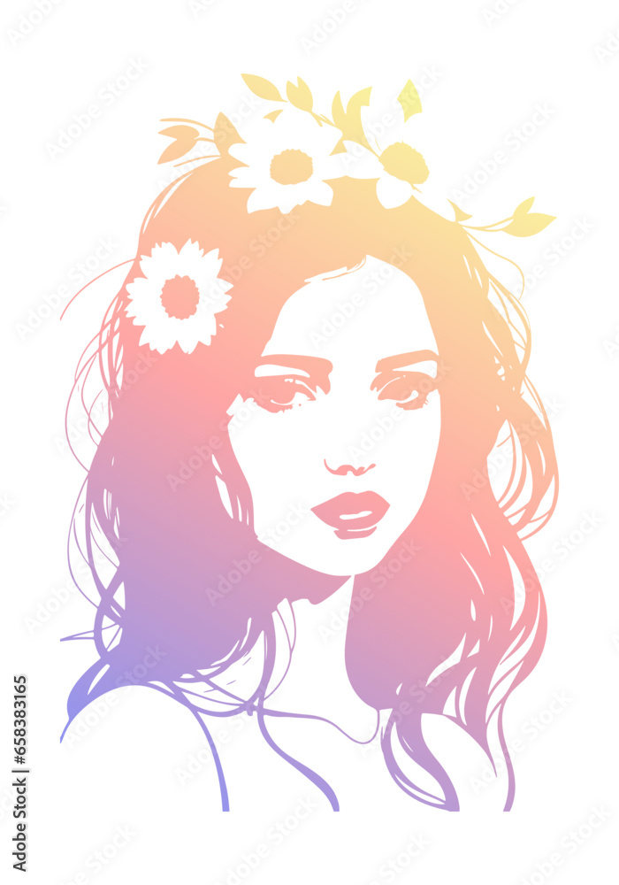 Portrait of young woman. Silhouette of a girl with soft purple to yellow gradient. Vector illustration. Portrait of young woman. Silhouette of a girl with soft purple to yellow gradient. Vector illustration.
