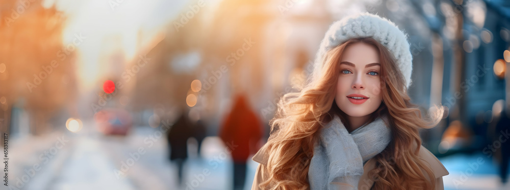 Pretty girl wearing a warm hat and scarf in a winter street