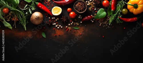 Top view of a black stone table with a background of spices herbs and vegetables Ample space to add text