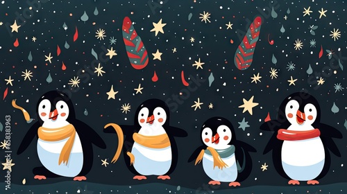  a group of penguins standing next to each other on a snow covered ground. generative ai