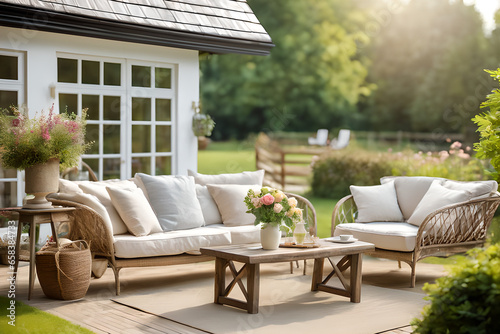 Garden lounge, outdoor furniture and countryside house patio decor with sofa and table, country cottage style. Outdoor view