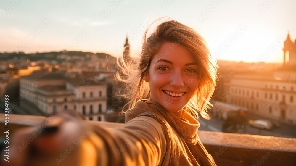 Happy tourist young woman taking selfie in front of Rome, Italy landmark.generative ai