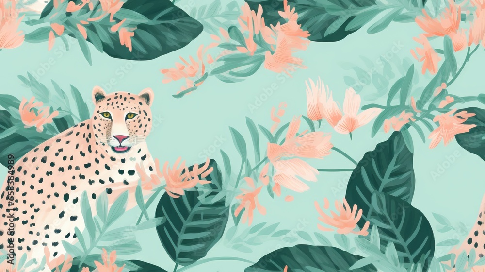 Fototapeta premium a leopard sitting on top of a lush green field of flowers. generative ai