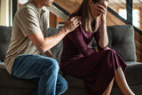 Husband comforting sad depressed unhappy wife. Helping a friend in need, family problems giving mental support concept.