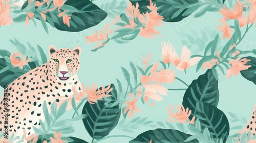  a leopard sitting on top of a lush green field of flowers. generative ai