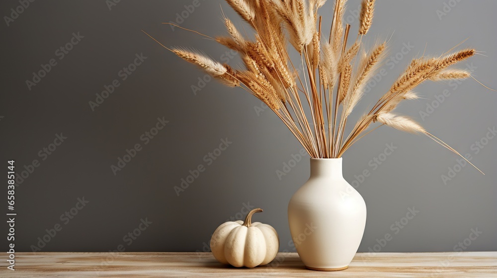  a white vase filled with dry grass next to a white pumpkin.  generative ai