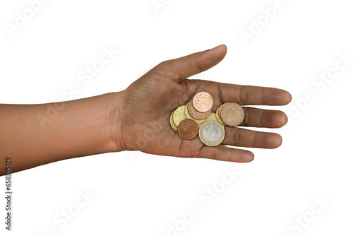 coins money in dirty hand on transparent background, poverty concept