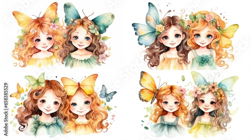 watercolor style cartoon illustration of cute fairy with bright wing wearing pretty dress, isolated on white background, collection set, Generative Ai