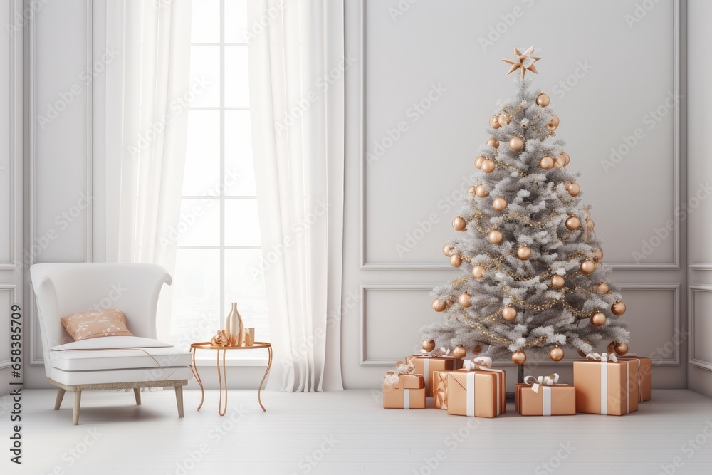A beautifully decorated Christmas tree in a cozy and stylish room, with festive ornaments and warm lighting......