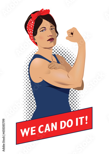 We can do it illustration. Woman Rosie rising up her fist. Woman shows her muscle. Symbol of feminism, girl power, women rights. Vector image of a female shows strong arm in retro pop art style. photo