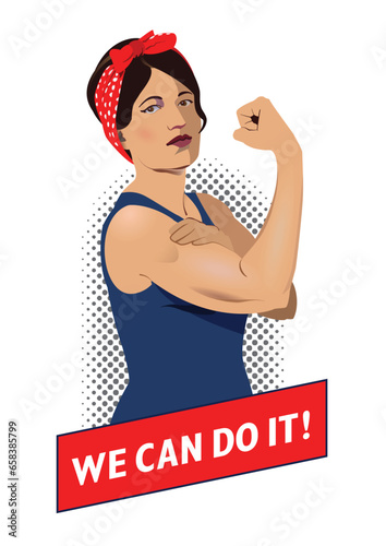 We can do it illustration. Woman Rosie rising up her fist. Woman shows her muscle. Symbol of feminism, girl power, women rights. Vector image of a female shows strong arm in retro pop art style.