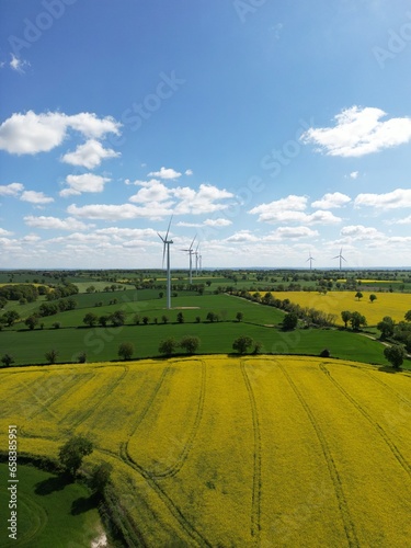 Lignes d'éoliennes au milieu des champs de colza