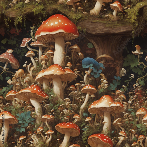 Mushrooms Garden Painting Art Seamless Pattern Colorful Digital Background Artwork Design - ai generated