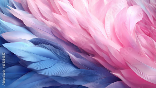 Realistic 3d render, very detailed feathers, large volumetric lighting, dramatic shading, colorful layered forms, pastel Pink and blue tones, futuristic chromatic waves photorealism.