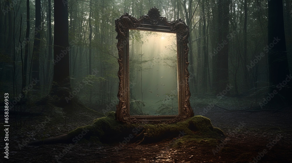 Dark mysterious forest with a magical magic mirror, a portal to another world. Night fantasy forest. - obrazy, fototapety, plakaty 