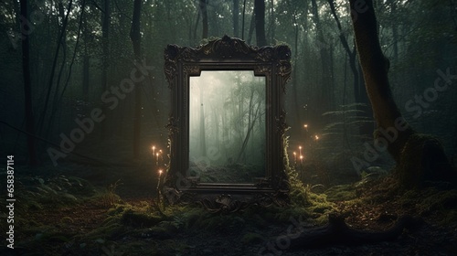 Dark mysterious forest with a magical magic mirror, a portal to another world. Night fantasy forest.