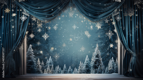 christmas scene with winter forest, fir branches, snowflakes and lights