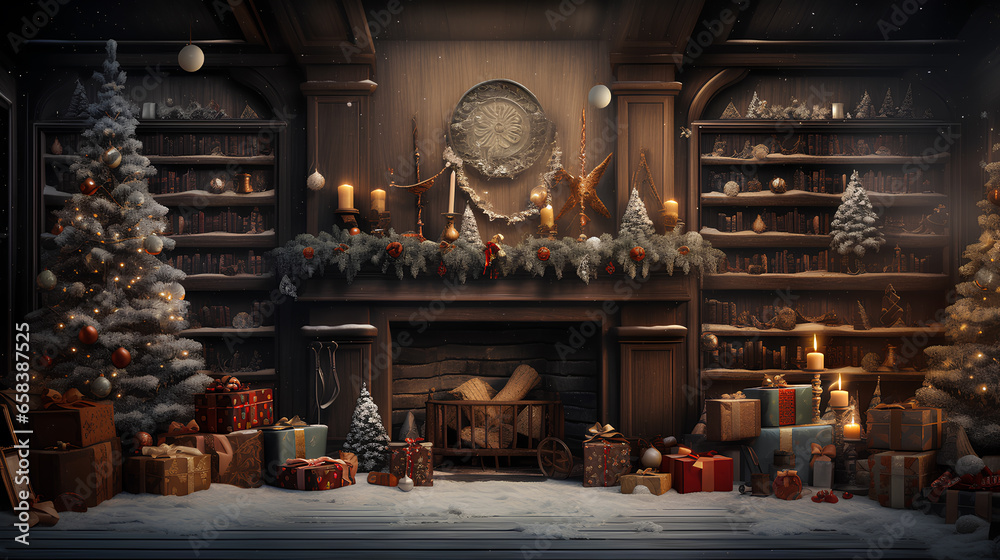 interior of christmas room with christmas decorations and fireplace