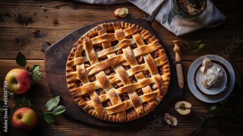  an apple pie with a latticed crust on a wooden table.  generative ai