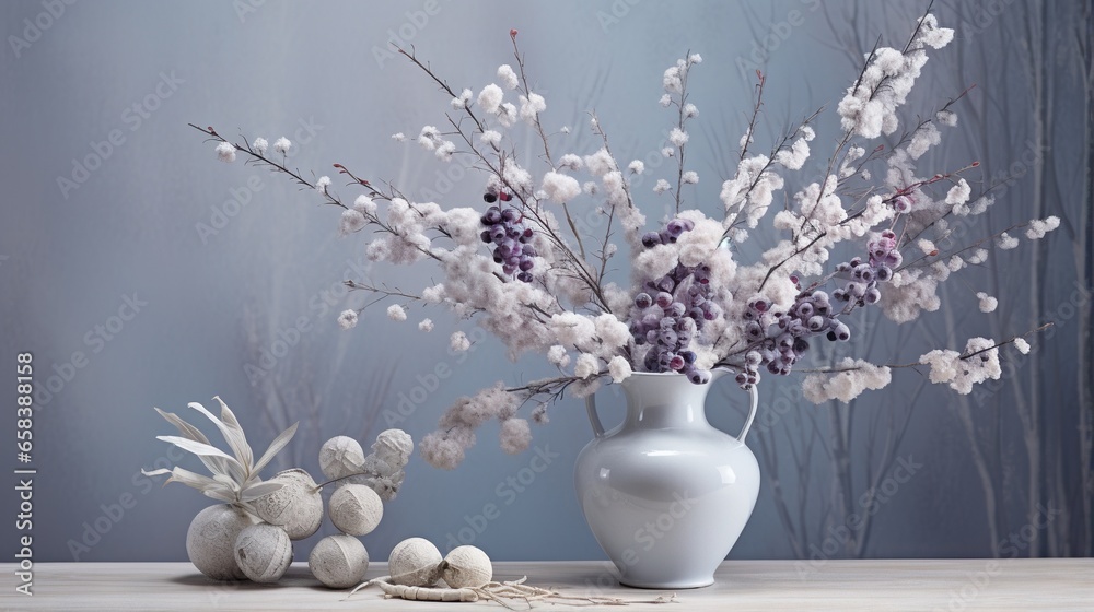 a white vase filled with lots of white flowers next to eggs. generative ai a white vase filled with lots of white flowers next to eggs. generative ai