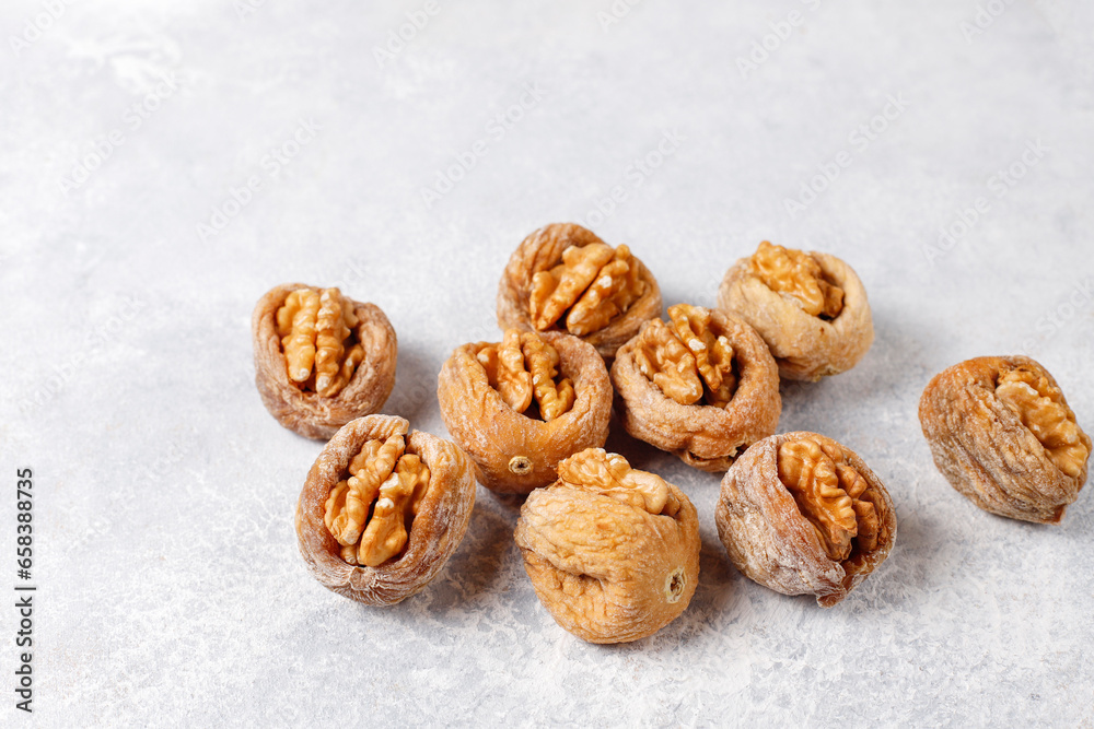 Dried figs stuffed with walnuts. Dried figs stuffed with walnuts.