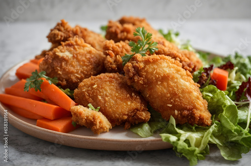 Crispy fried chicken wings on plate with lettuce and tomatoes white background