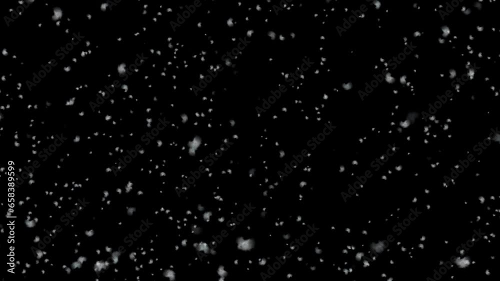 Abstract loop animation of falling snow particles, snowflakes with transparent alpha channel, overlay video