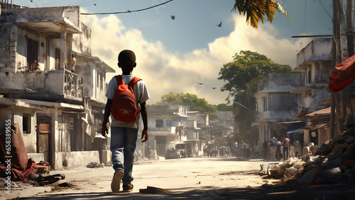 little Haitian boy from behind, background is a busy Haiti street photorealism. photo